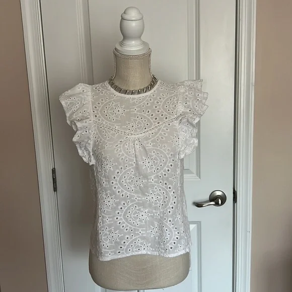 Shein top, blouse with short sleeves, white, cotton, embroidered new no tag - Picture 3 of 6